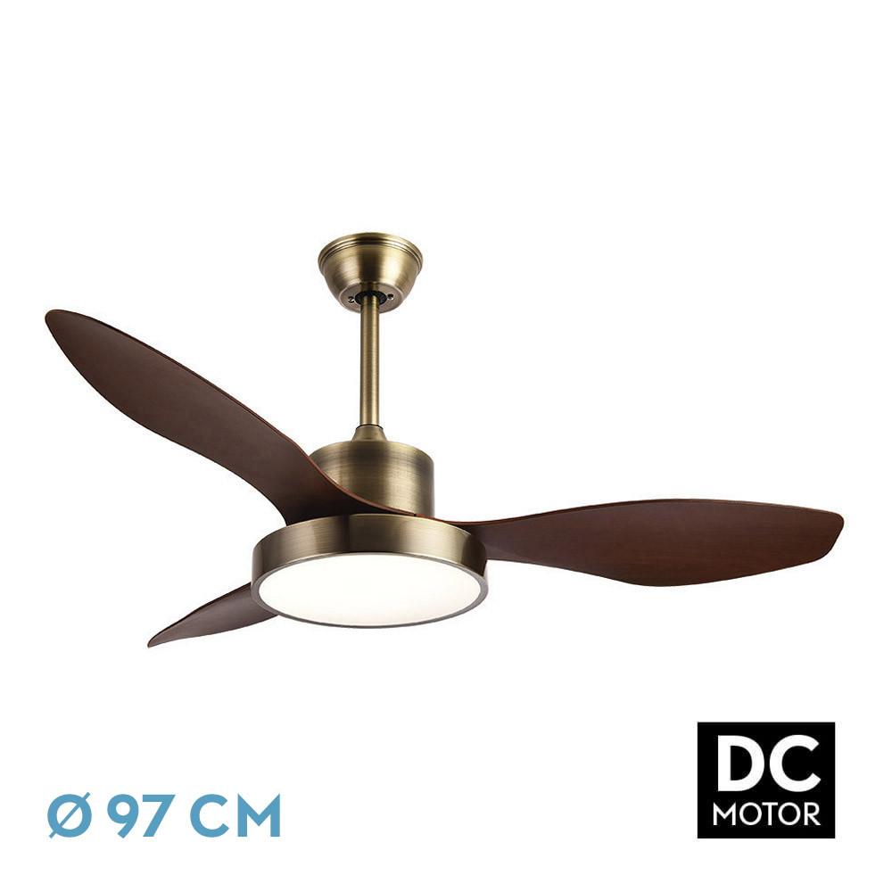 ventilador Dc Hayate 24w 2650lm Cuero/roble 3aspas 97d 6vel 3000-4000-6000k Remoto,memoria Y Temporizador
