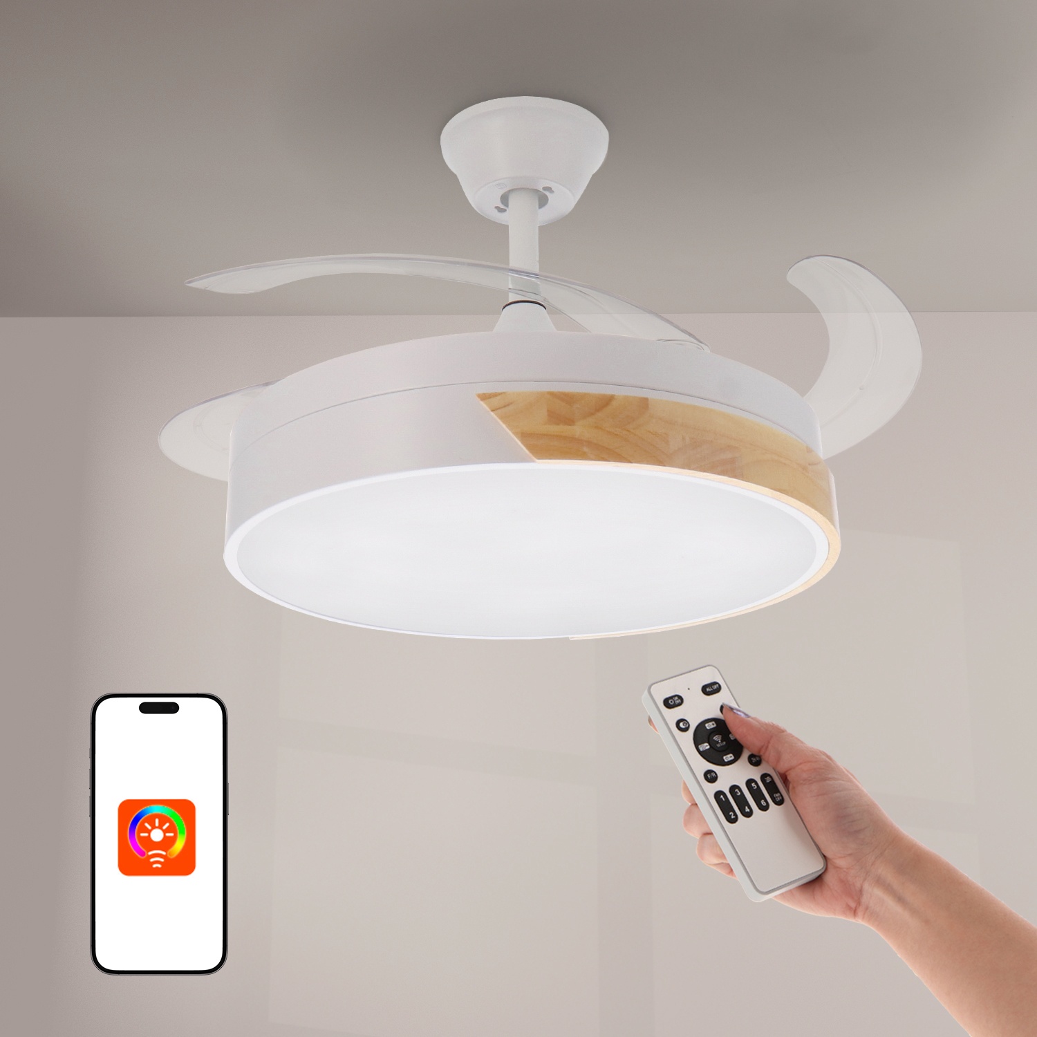 ventilador de techo led con diseño de madera, iluminación integrada, ideal para refrescar espacios y decorar interiores.
