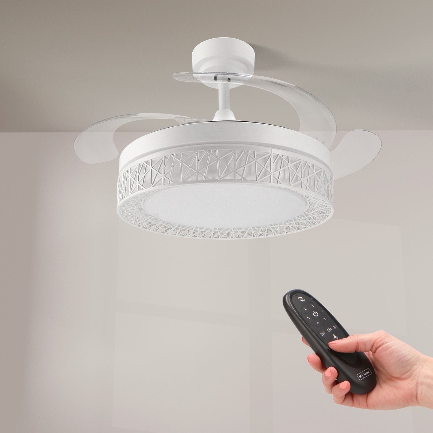 ventilador de techo led con diseño moderno, luces integradas, y control remoto; ideal para refrescar y iluminar espacios.
