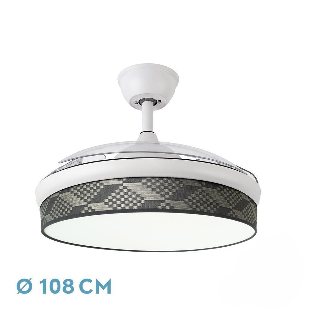 ventilador dc 72w blanco y gris, 108° ángulo, 3 aspas, 7200 lm, luz 3000-4000-6000k, control remoto, memoria y temporizador, ideal para climatización.