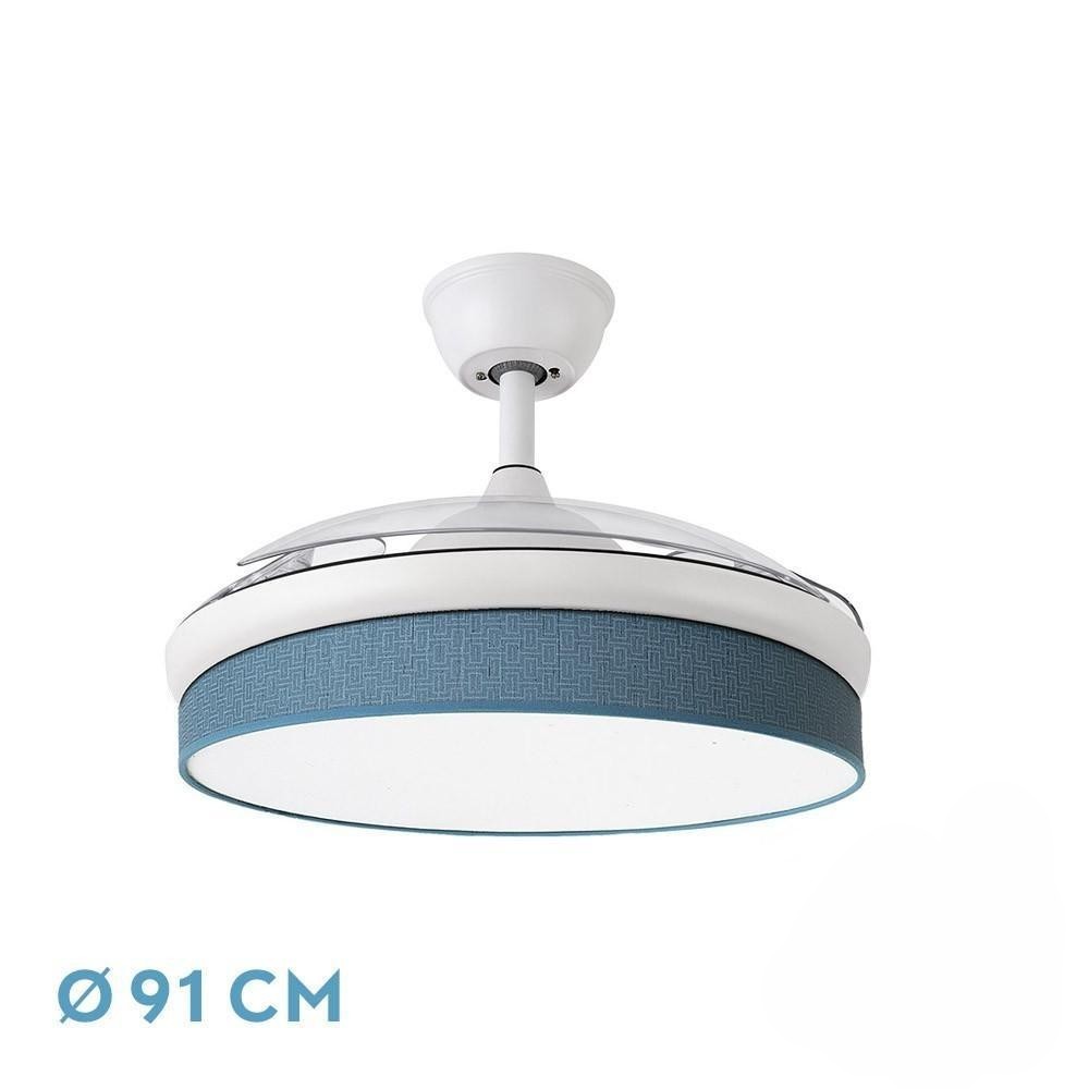 ventilador dc 72w, blanco/azul, 91d, 3 aspas, 7200lm, 3000-4000-6000k, con control remoto, memoria y temporizador, ideal para climatización.