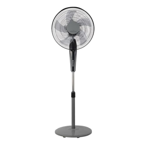 ventilador de pie Borlon en elegante negro y gris. Cuenta con 3 velocidades, motor potente de 55W, 5 aspas dobles, función orientable, control remoto y temporizador. Dimensiones: 43x40 cm.