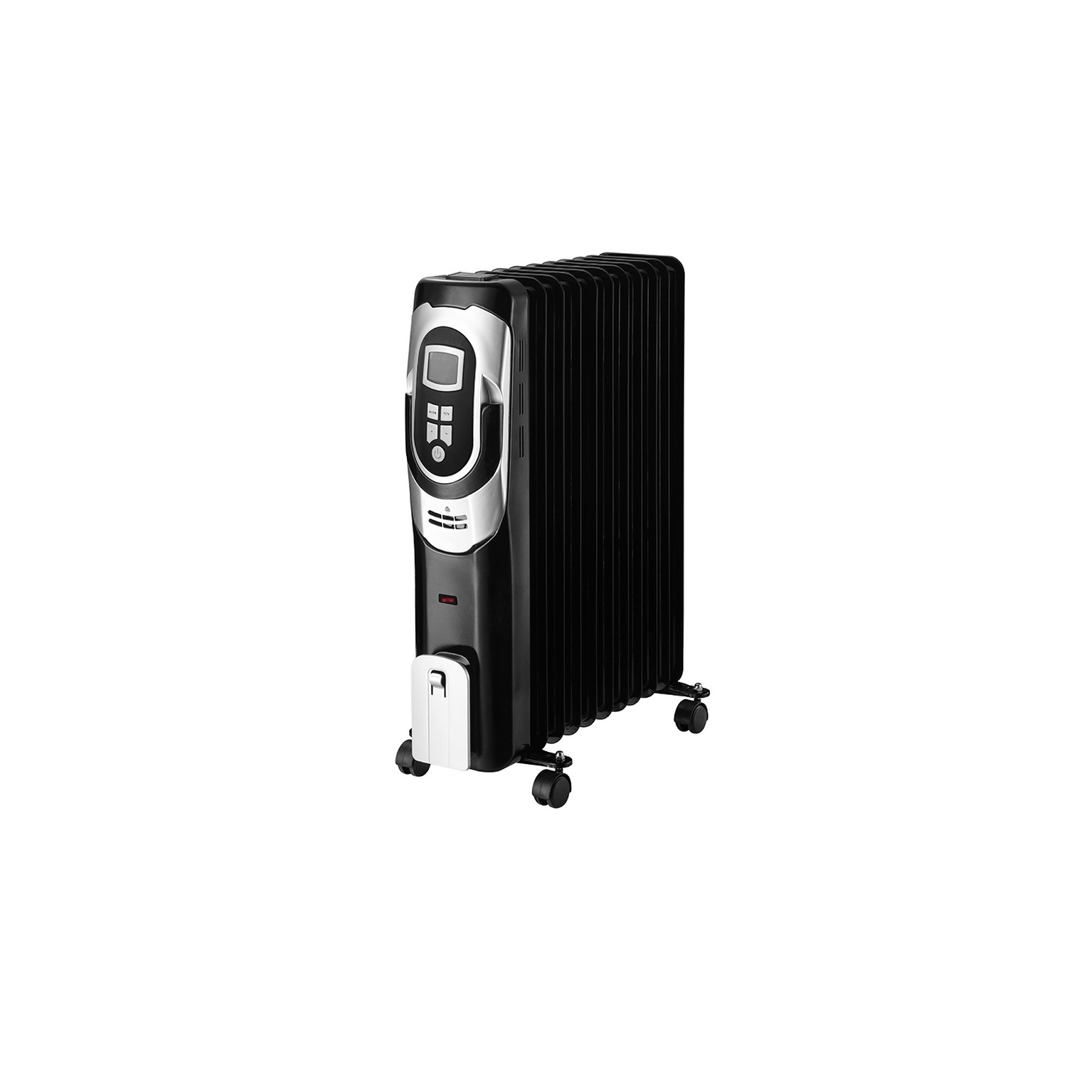 radiador de aceite 2500w, 11 elementos, termostato regulable, temporizador, con ruedas, medidas 62x49x24cm, ideal para calefacción doméstica.