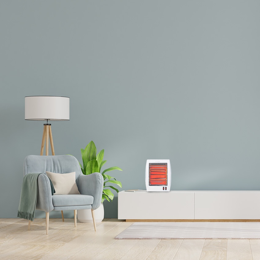 estufa eléctrica de cuarzo 800w, 2 elementos, anti vuelco, dimensiones 35x29,5x14 cm, ideal para calentar espacios pequeños.