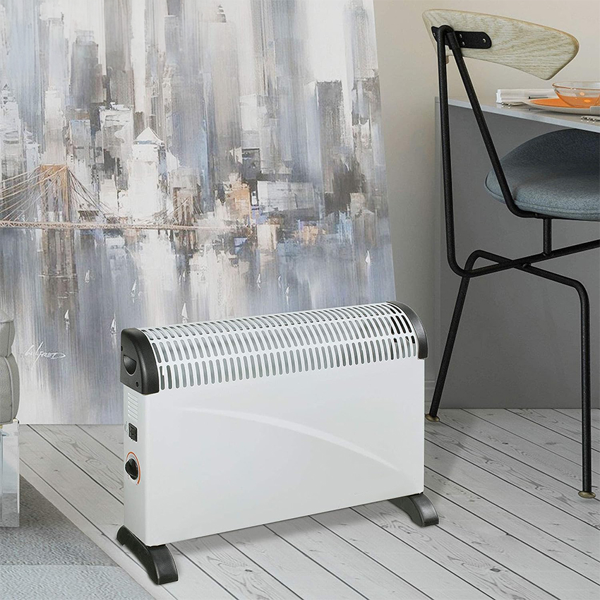 convectors Falla 2000W en blanco, 3 potencias y termostato ajustable. Cuenta con protección contra sobrecalentamiento y modo turbo. Compacto (39x53x20 cm), perfecto para cualquier espacio.